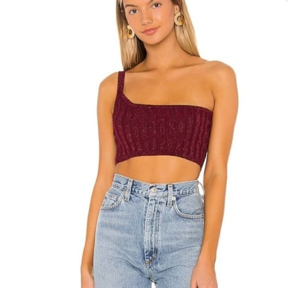 New Revolve Superdown Ribbed Iris One Shoulder Cropped Top In Burgundy Red Med